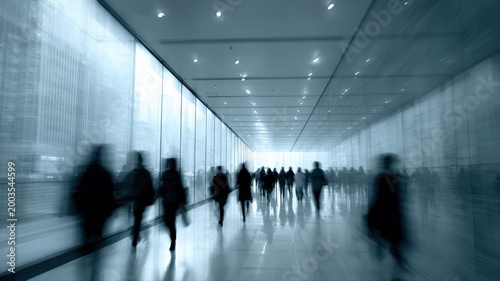 Blurred silhouettes of people walking through a brightly lit modern corridor with glass walls, conveying movement and anonymity