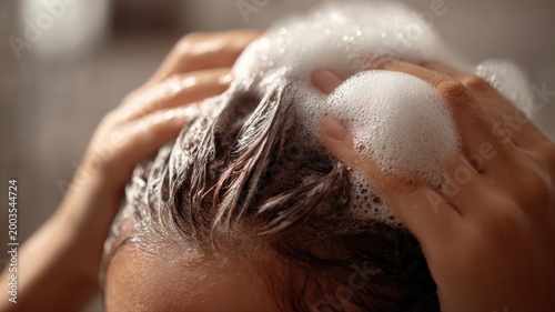 Close Up Of Hands Washing Hair With Abundant White Shampoo Lather In A Shower