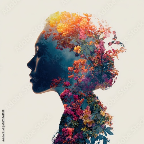 Woman's Profile Silhouette with Vibrant Floral Double Exposure Art