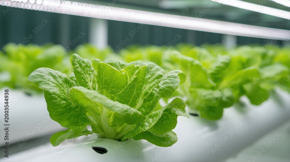 Fototapeta premium Rows of healthy green lettuce plants growing indoors under artificial LED lights in a modern hydroponic farm system