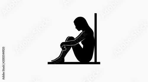 Silhouette of Woman Sitting Against Wall in Sadness and Loneliness Moment White Background