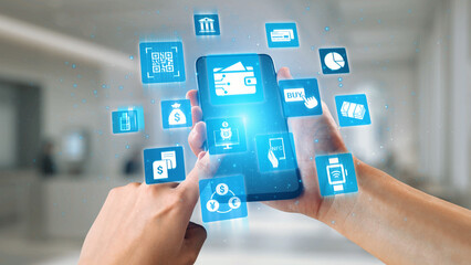 Digital wallet icons show mobile payment, digital wallet transfer, and online banking. Digital wallet supports secure payment, cashless transactions, and financial integration. Gist
