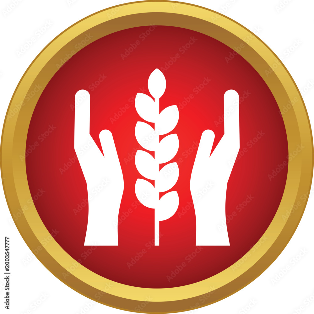 Fototapeta premium White hands iconically protecting a wheat stalk inside a red and gold button