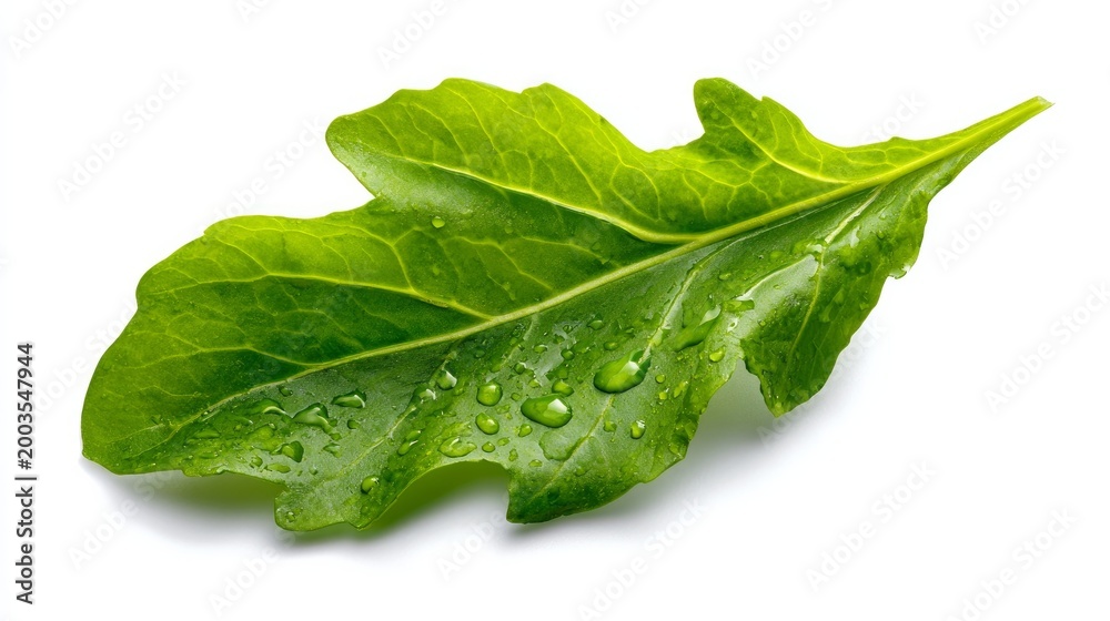 Fototapeta premium Green arugula leaf sits on a white background.