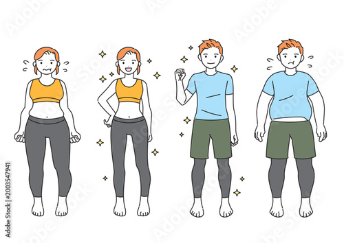 ダイエット・痩せた男性と女性のイラスト　ビフォーアフター