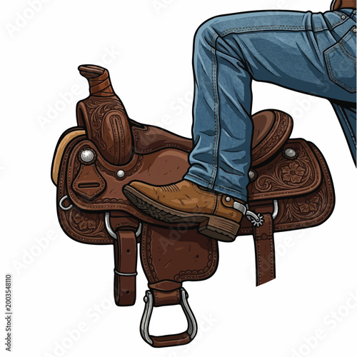 Close-up of a person sitting on a Western-style saddle with jeans and boots.