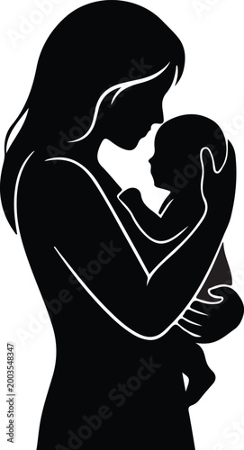 Silhouette of mother and son love vector illustration in black art style