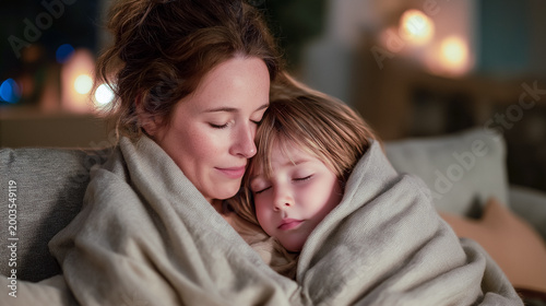 Mother cuddling sleepy child wrapped in warm blanket on cozy couch at home, tender family comfort, evening care and peaceful parent bonding moment