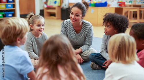 Teacher sitting with preschool children in classroom circle time, early childhood education, group discussion, social learning and inclusive care