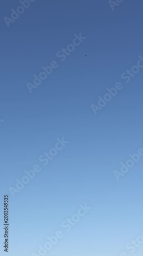 A passenger airplane flying in a clear blue sky. View of the airplane from below showing its underside.
