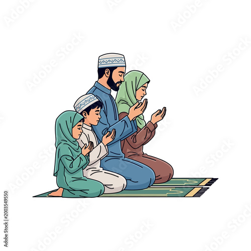 Muslim family praying on rug together.
