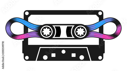 Minimalist cassette tape vector with pink and blue ribbons – Suitable for entertainment news, audio editing apps, or creative portfolios.