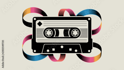 Geometric retro cassette mark with flowing tape – Great for radio station branding, music festivals, or vintage tech collectors.