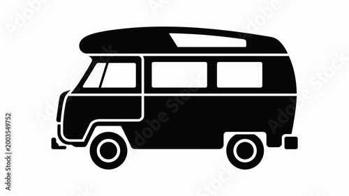 Vintage camper van silhouette in black – Ideal for travel blogs, van life community hubs, or adventure tourism logos.