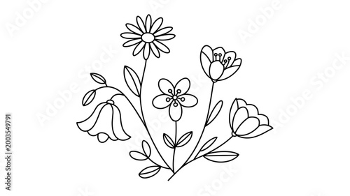 Five-Bloom Botanical Bouquet Icon – Great for herbal tea brands, floral illustrators, or spring event promotions.