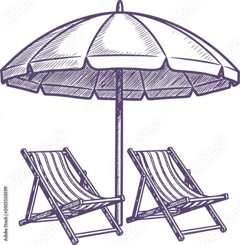 Two beach chairs under a large striped sun umbrella sketch illustration
