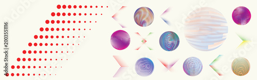 Abstract circular halftones element set, geometric dotted ring and spiral circle shapes for modern design, technology, or motion graphic backgrounds. Dotted round elements, radial spirals, and vortex.