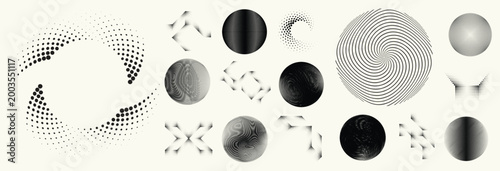 Abstract circular halftones element set, geometric dotted ring and spiral circle shapes for modern design, technology, or motion graphic backgrounds. Dotted round elements, radial spirals, and vortex.
