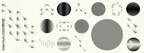 Abstract circular halftones element set, geometric dotted ring and spiral circle shapes for modern design, technology, or motion graphic backgrounds. Dotted round elements, radial spirals, and vortex.