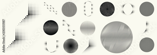 Abstract circular halftones element set, geometric dotted ring and spiral circle shapes for modern design, technology, or motion graphic backgrounds. Dotted round elements, radial spirals, and vortex.