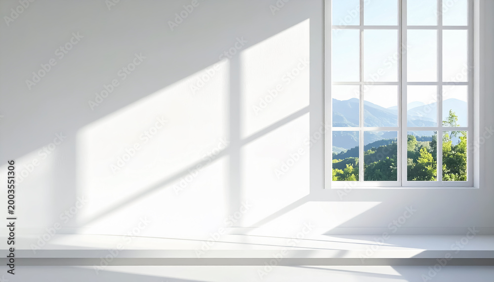 Fototapeta premium Soft Morning Light Casting Window Shadows on White Interior with Scenic Mountain View Outside