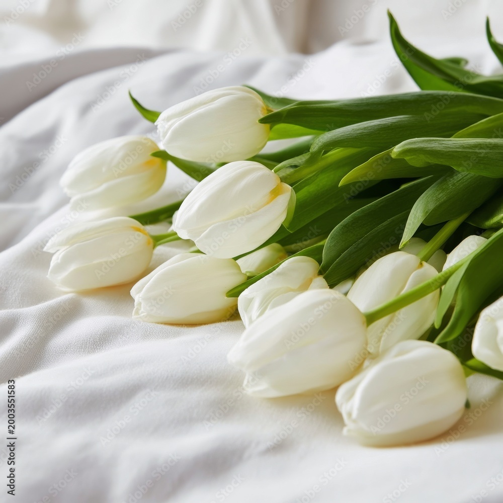 Obraz premium White Tulips on a Soft Fabric Surface in a Bright Indoor Setting