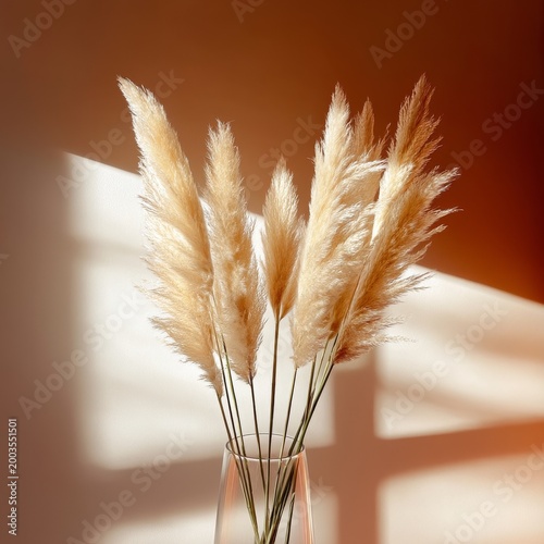 Pampas Grass in a Clear Vase on a Surface With Warm Light Shining From the Wi...