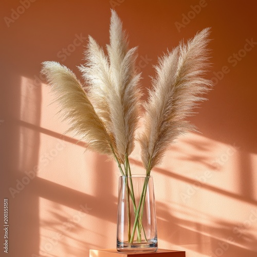 Pampas Grass in a Glass Vase Against an Orange Wall With Shadows