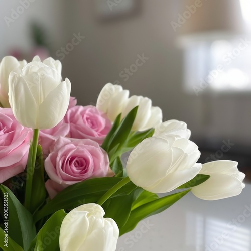 Colorful Bouquet of White Tulips and Pink Roses on a Table in a Bright Room
