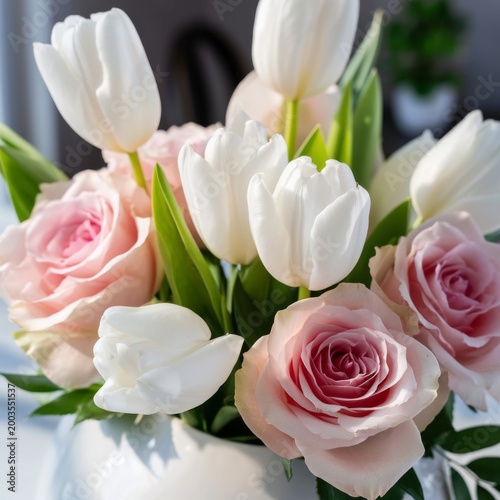 Colorful Bouquet of White Tulips and Pink Roses on a Table in a Bright Room