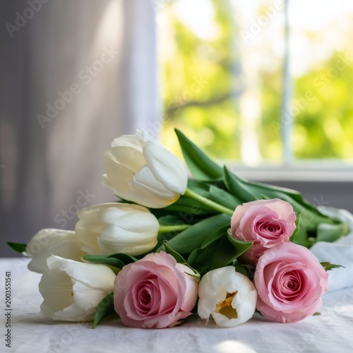 Flowers in a Glass Vase Placed on a Table With Light Coming Through a Window ...