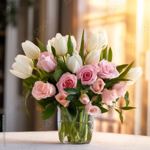 Flowers in a Glass Vase Placed on a Table With Light Coming Through a Window ...