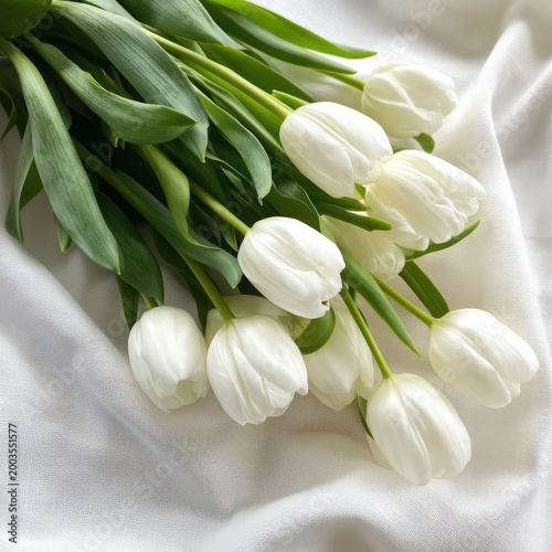White Tulips on a White Fabric Background in a Simple Arrangement During Day ...