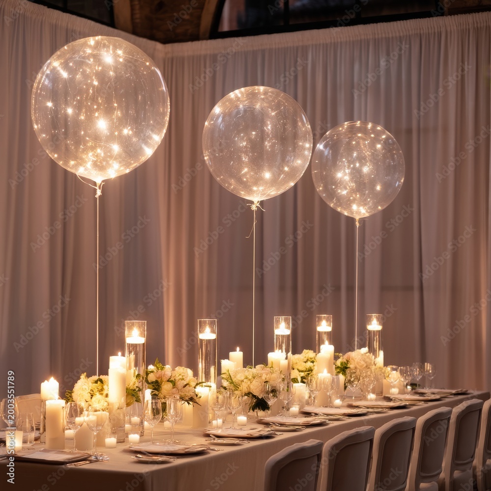 Fototapeta premium Elegant Table Setup With Lights and Balloons for a Special Event in a Bright Venue