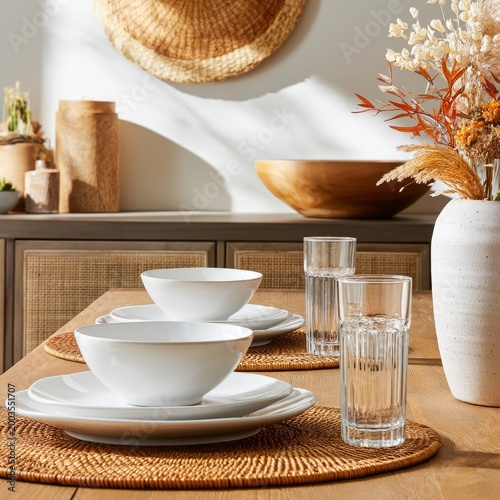 Table Set With White Dishes and Glasses Arranged With Decor in a Bright Dinin...