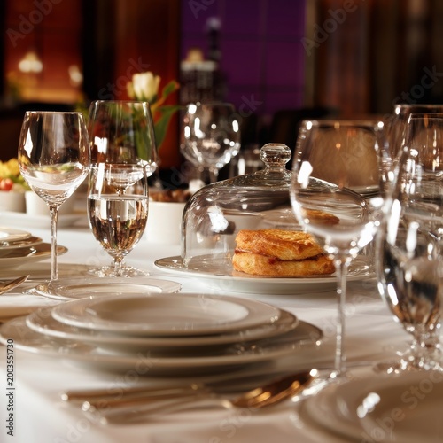 Elegant Table Setting With Food and Drinks for a Dinner Event in a Restaurant