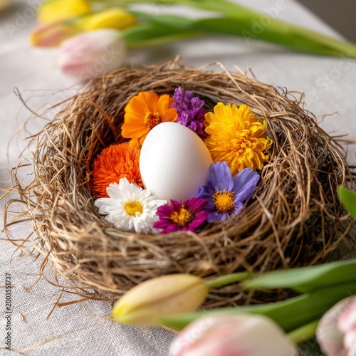 Decorative Nest With White Egg and Colorful Flowers on a Table