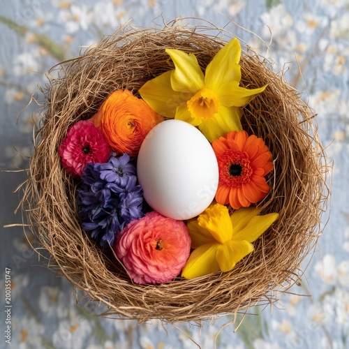 Decorative Nest With White Egg and Colorful Flowers on a Table