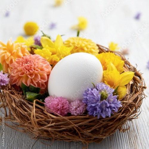 Colorful Flowers Surround a White Egg in a Woven Nest on a Wooden Table