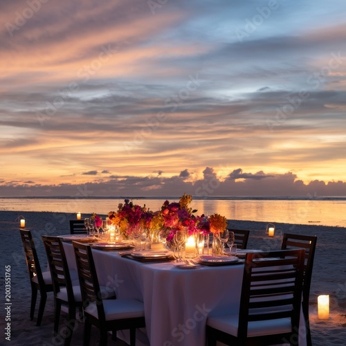 Romantic Dinner Setup by the Beach at Sunset With Flowers, Candles, and Plate...