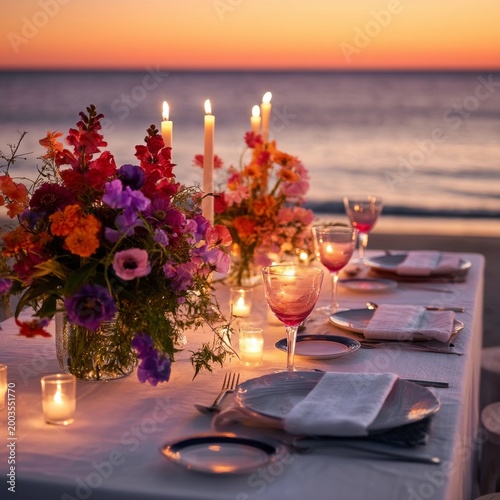 Sunset Beach Dinner Setup With Flowers and Candles