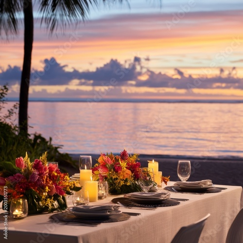 Sunset Beach Dinner Setup With Flowers and Candles