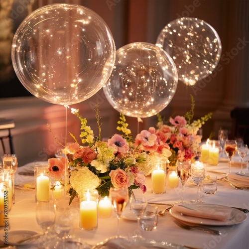 Decorations and Setup for Evening Celebration With Flowers, Candles, and Ball...