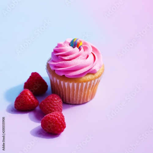 Colorful Cupcake Sits With Raspberries on a Pastel Background in Bright Lighting