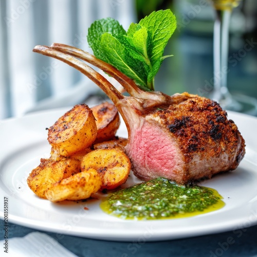 Grilled Lamb Chops Served With Seasoned Potatoes and Green Sauce in Outdoor S...