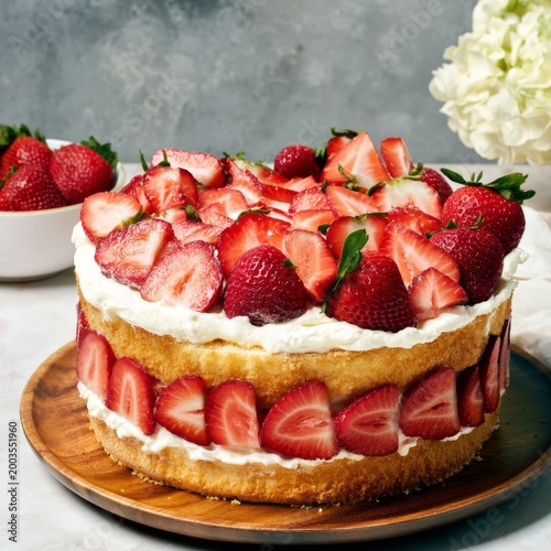 Fresh Strawberry Cake on a Wooden Plate With Whipped Cream and Slices of Frui...