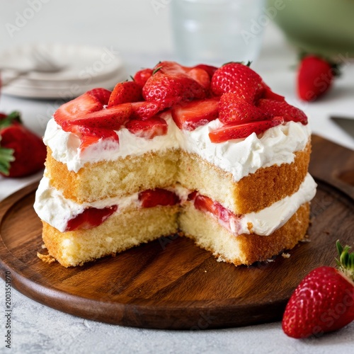 Fresh Strawberry Shortcake With Whipped Cream on a Wooden Platter