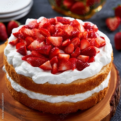 Fresh Strawberry Shortcake With Whipped Cream on a Wooden Platter