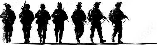Military Soldiers Silhouette Vector - Army Infantry Group Marching in Battlefield Combat Mission Gear and Tactical Training