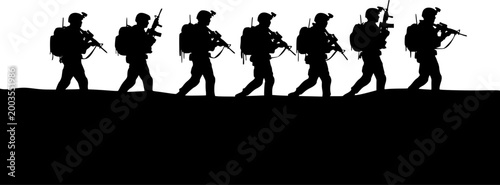 Military Soldiers Silhouette Vector - Army Infantry Group Marching in Battlefield Combat Mission Gear and Tactical Training